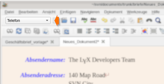 Auswahlfeld für den Stil des aktuellen Abschnittes